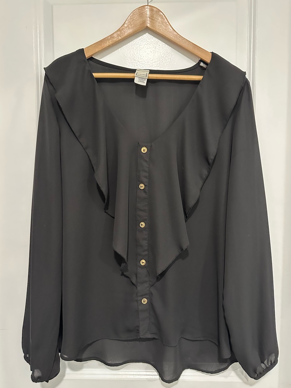 Lilian Ruffle-Front Long Sleeve Blouse — Black Women’s
